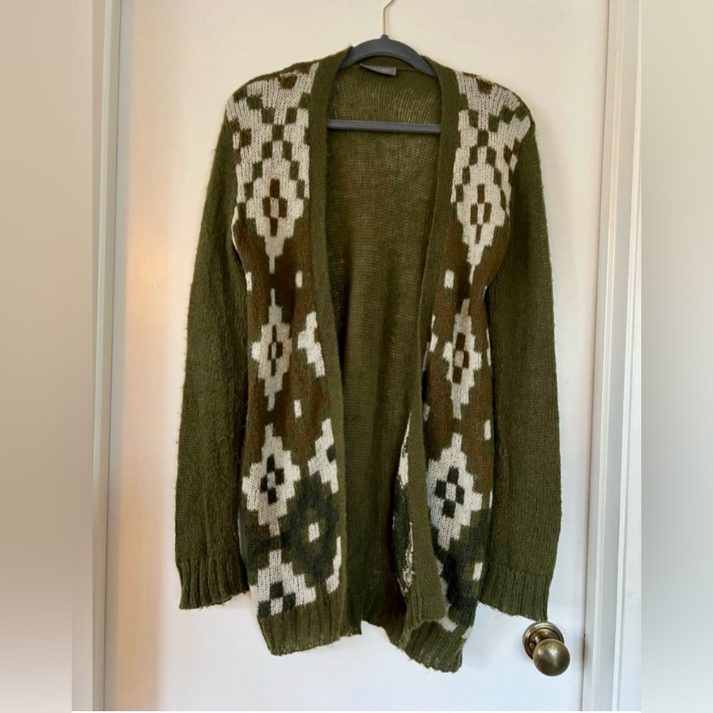 Anthropologie Wooden Ships Green Wool Mohair Geometric Open Cardigan Size Large